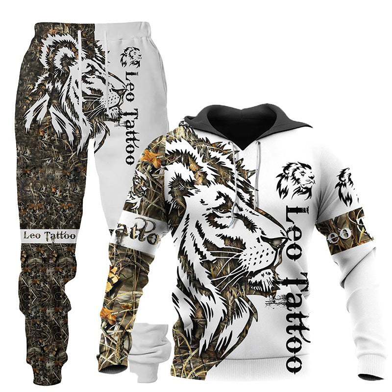 3D Wolf Print Tracksuit Men Sportswear Hooded Sweatsuit Two Piece Outd