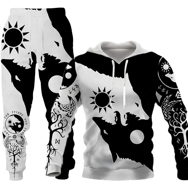 3D Wolf Print Tracksuit Men Sportswear Hooded Sweatsuit Two Piece Outd