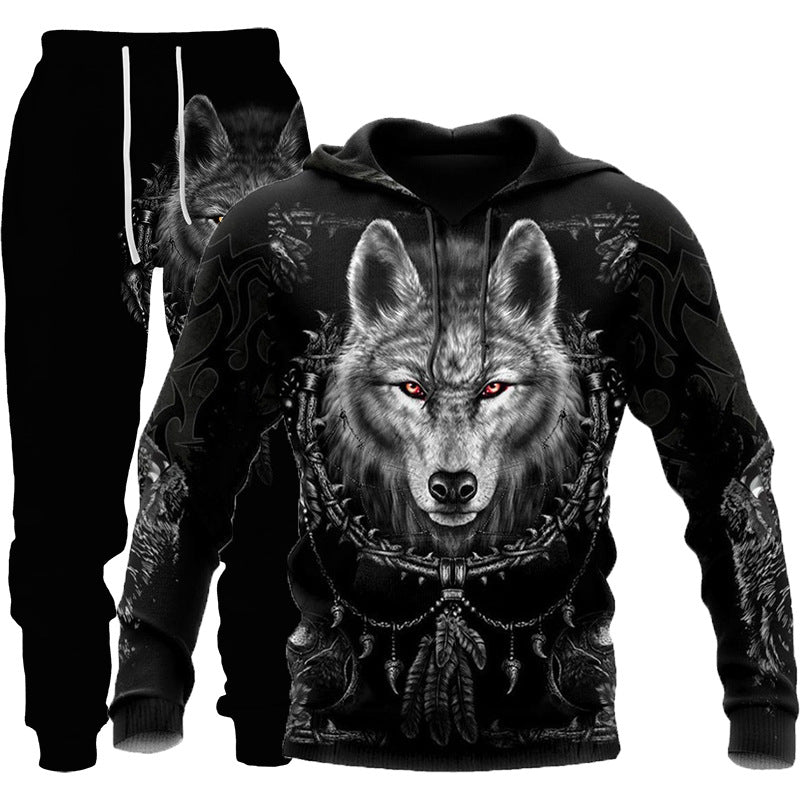 3D Wolf Print Tracksuit Men Sportswear Hooded Sweatsuit Two Piece Outd